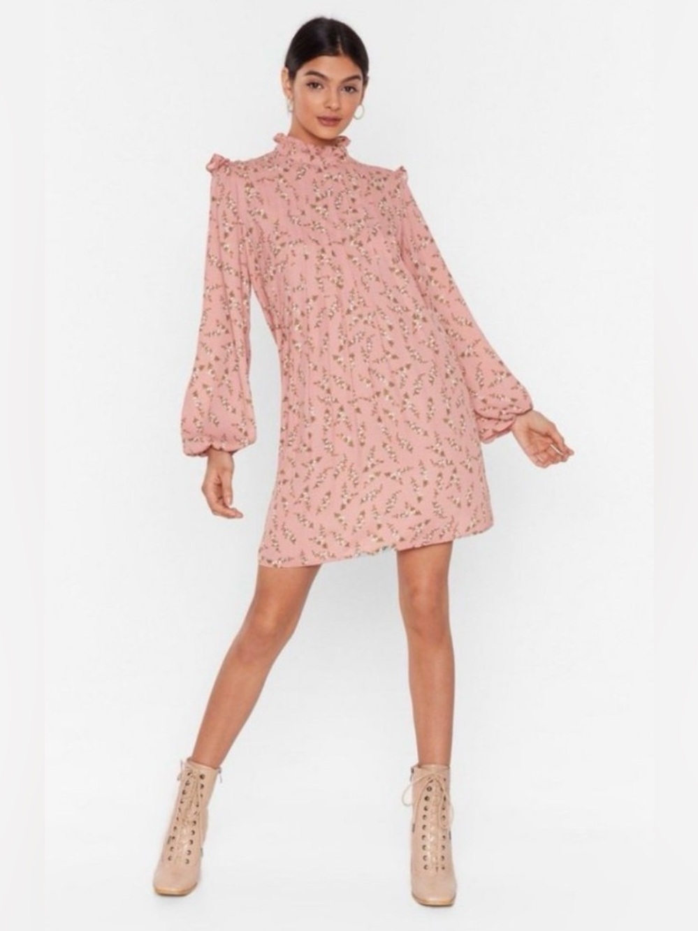 NWT Nasty Gal Floral Pleated High Neck Smock Long Sleeve Dress - Small / 2